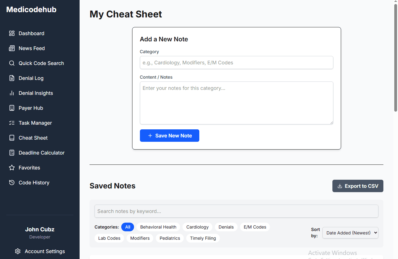 A screenshot of the Cheat Sheet feature.