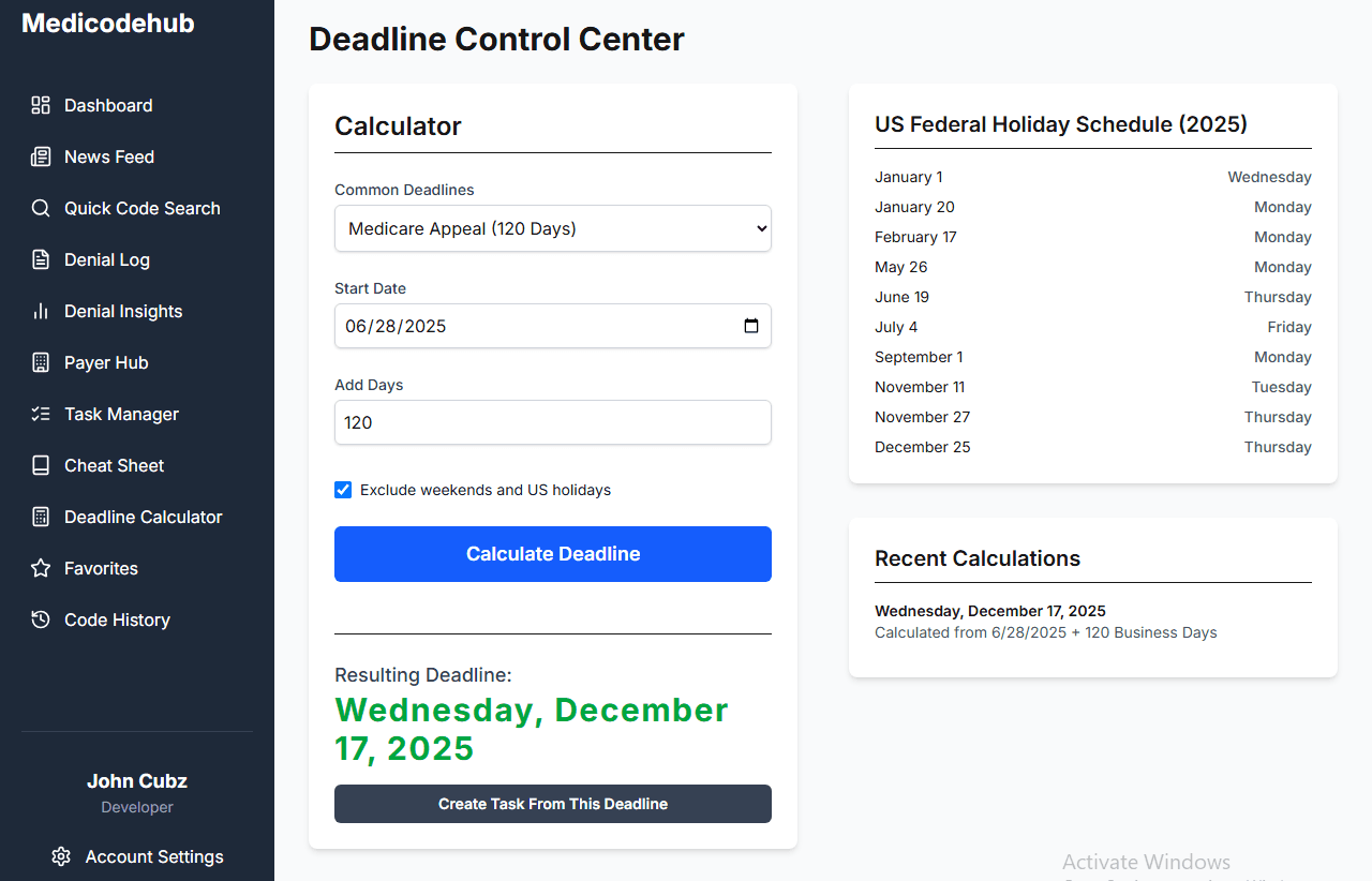 A screenshot of the Deadline Calculator.